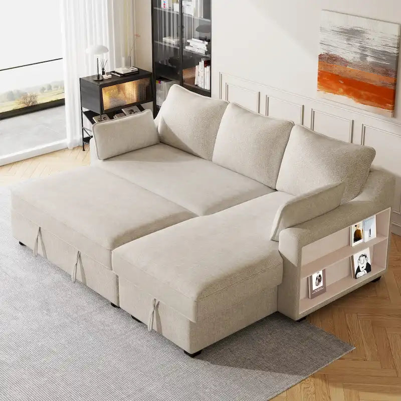 Pull-Out Sleeper Sofa L-Shaped Couch with Storage Chaise, Storage Racks and USB Ports