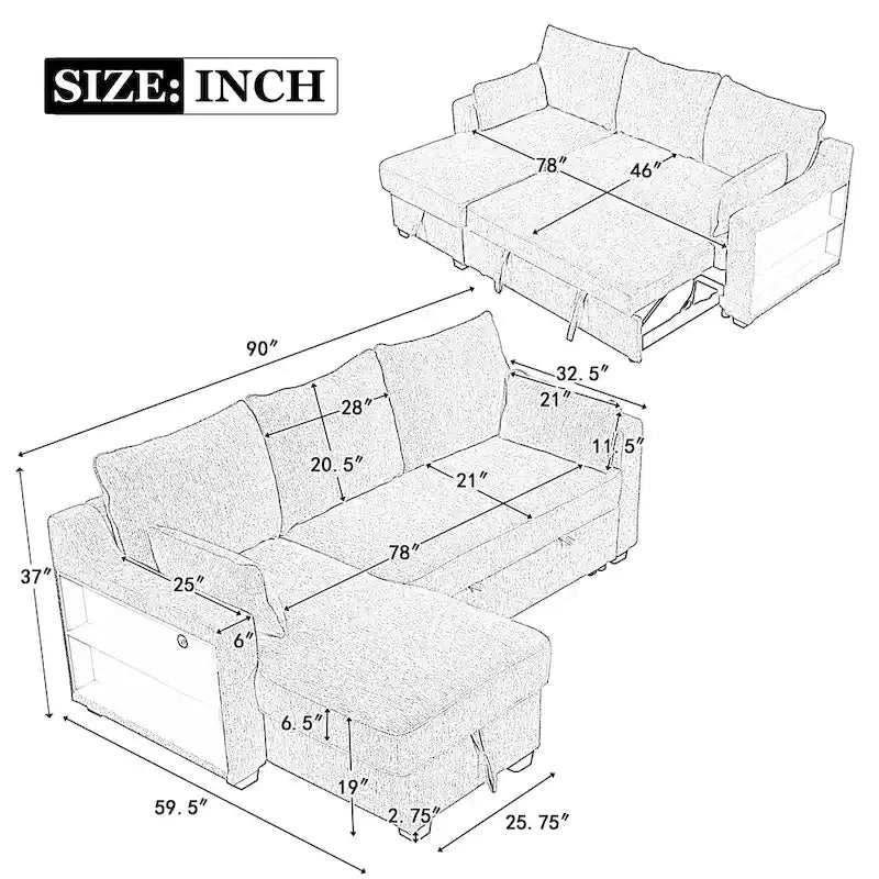 Pull-Out Sleeper Sofa L-Shaped Couch with Storage Chaise, Storage Racks and USB Ports