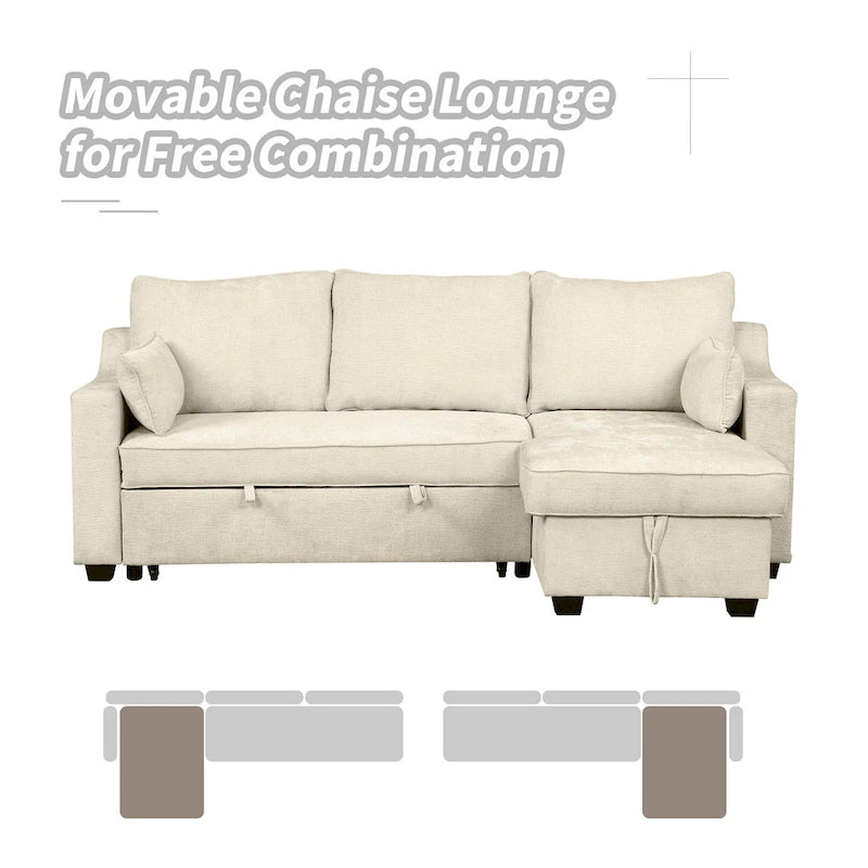 Pull-Out Sleeper Sofa L-Shaped Couch with Storage Chaise, Storage Racks and USB Ports
