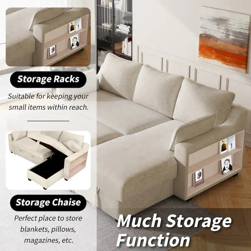 Pull-Out Sleeper Sofa L-Shaped Couch with Storage Chaise, Storage Racks and USB Ports