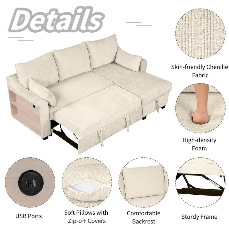 Pull-Out Sleeper Sofa L-Shaped Couch with Storage Chaise, Storage Racks and USB Ports