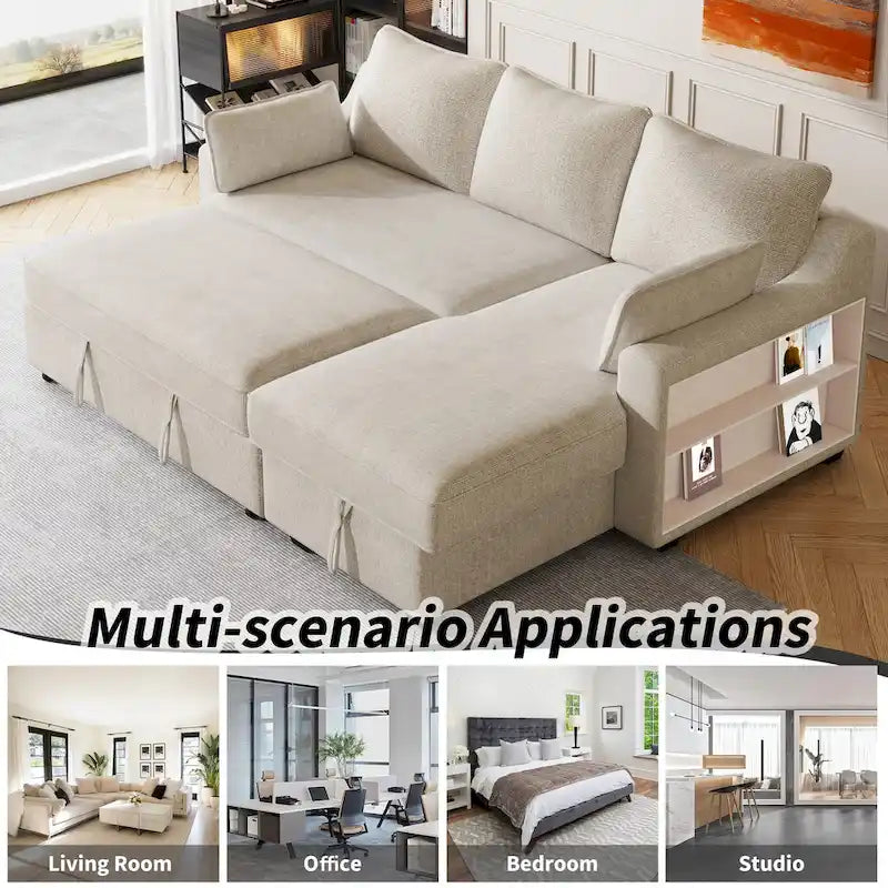 Pull-Out Sleeper Sofa L-Shaped Couch with Storage Chaise, Storage Racks and USB Ports
