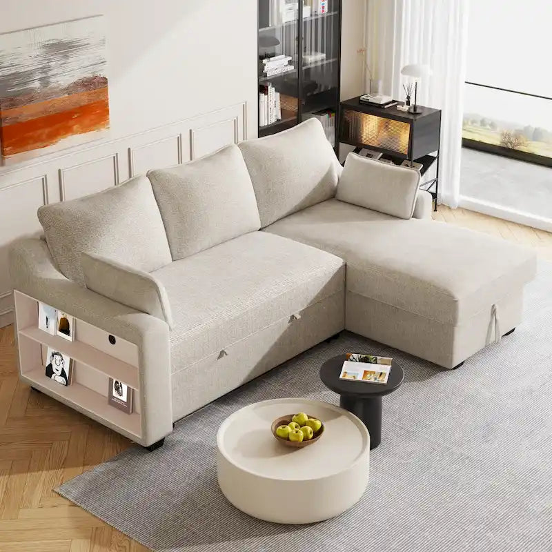 Pull-Out Sleeper Sofa L-Shaped Couch with Storage Chaise, Storage Racks and USB Ports