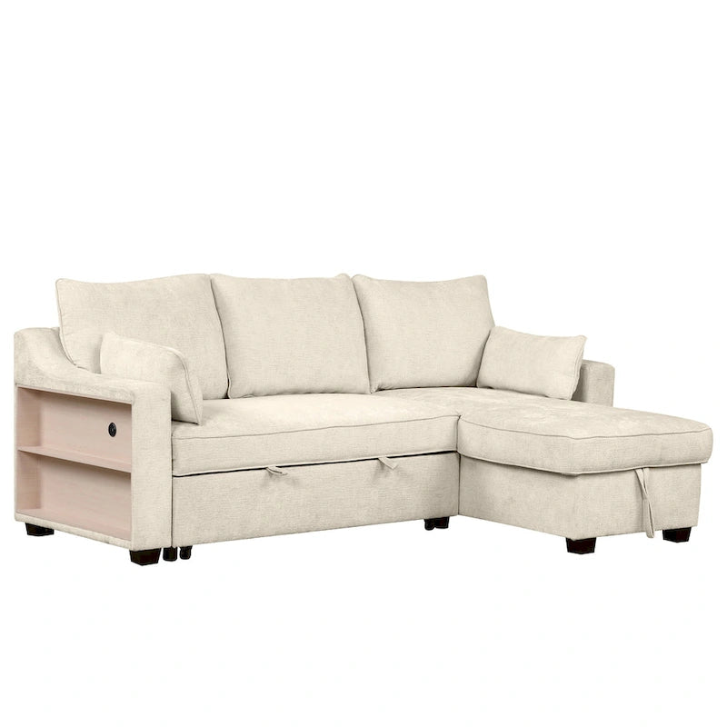 Pull-Out Sleeper Sofa L-Shaped Couch with Storage Chaise, Storage Racks and USB Ports