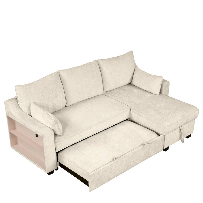 Pull-Out Sleeper Sofa L-Shaped Couch with Storage Chaise, Storage Racks and USB Ports