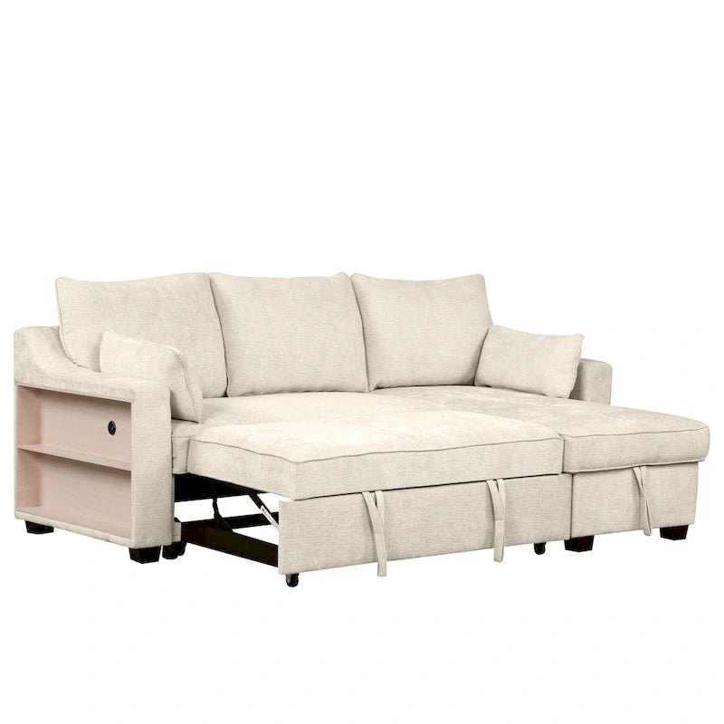 Pull-Out Sleeper Sofa L-Shaped Couch with Storage Chaise, Storage Racks and USB Ports