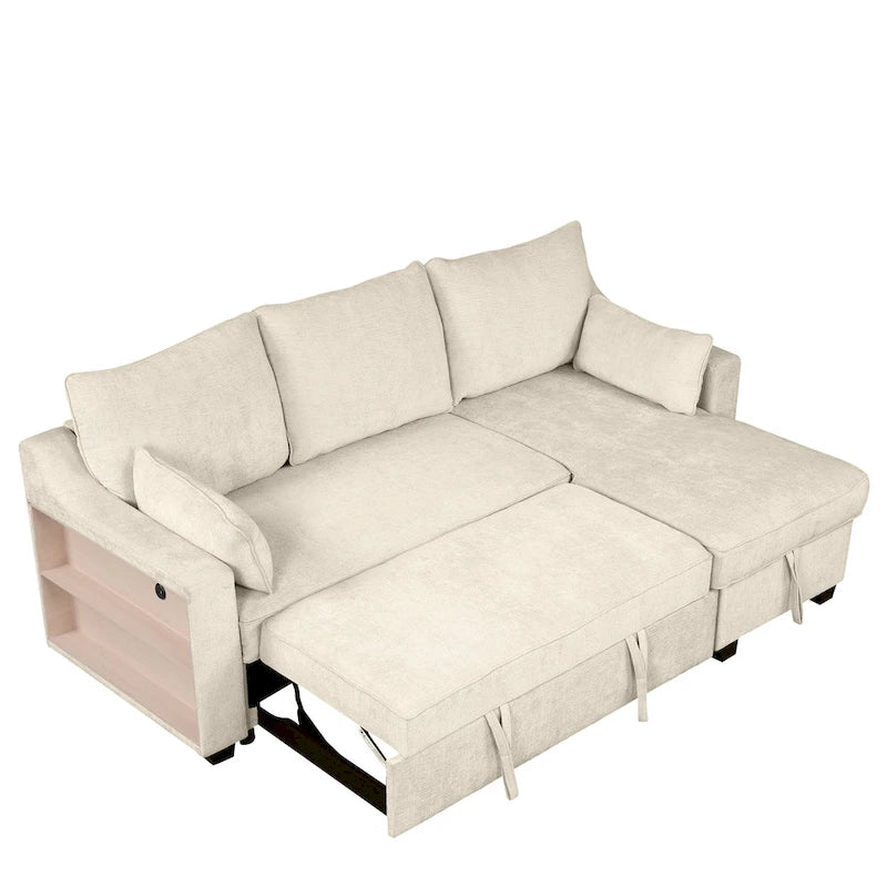 Pull-Out Sleeper Sofa L-Shaped Couch with Storage Chaise, Storage Racks and USB Ports