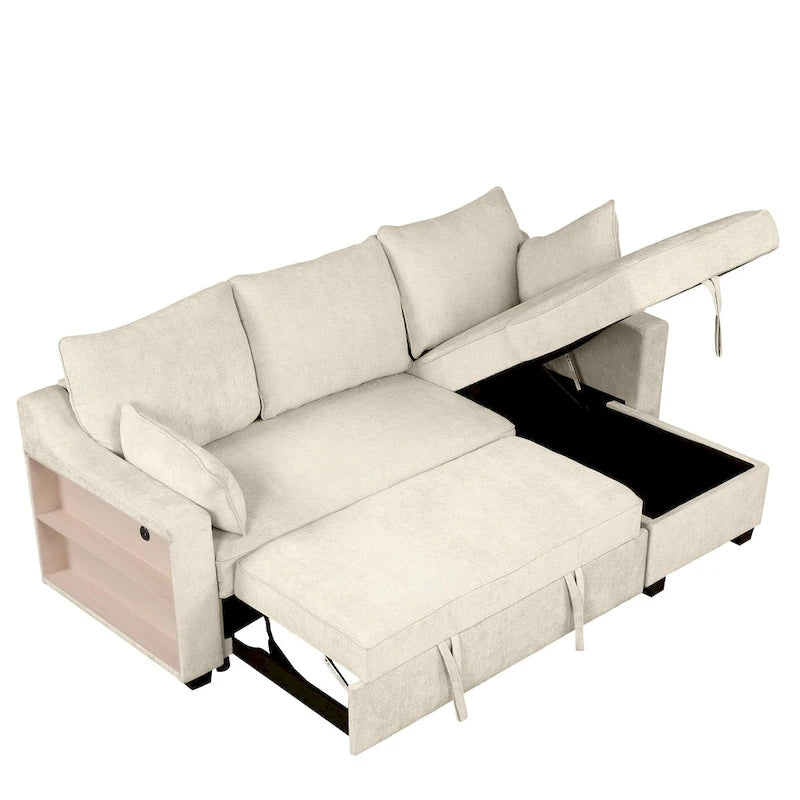 Pull-Out Sleeper Sofa L-Shaped Couch with Storage Chaise, Storage Racks and USB Ports