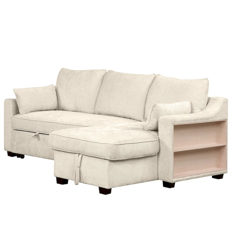Pull-Out Sleeper Sofa L-Shaped Couch with Storage Chaise, Storage Racks and USB Ports