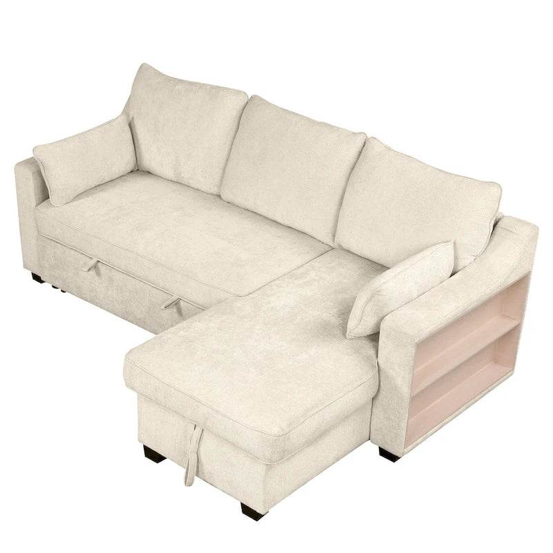Pull-Out Sleeper Sofa L-Shaped Couch with Storage Chaise, Storage Racks and USB Ports