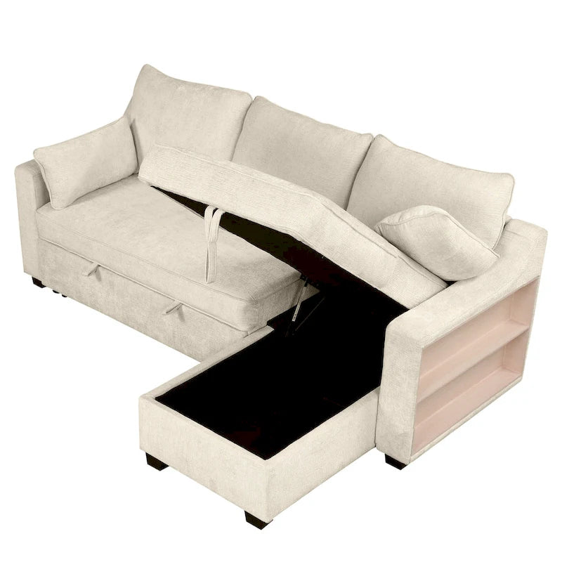 Pull-Out Sleeper Sofa L-Shaped Couch with Storage Chaise, Storage Racks and USB Ports