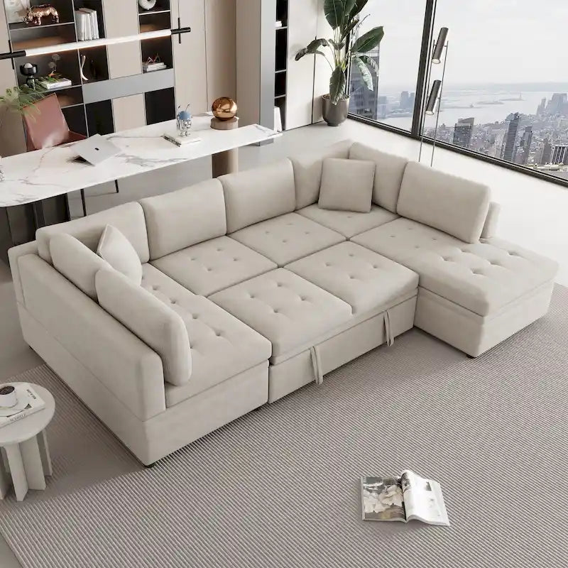 117.3 Oversized U-Shaped Sectional Sofa with Pull-out Bed and Throw Pillows