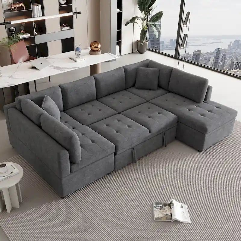 117.3 Oversized U-Shaped Sectional Sofa with Pull-out Bed and Throw Pillows