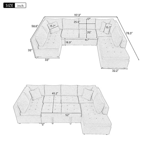 117.3 Oversized U-Shaped Sectional Sofa with Pull-out Bed and Throw Pillows