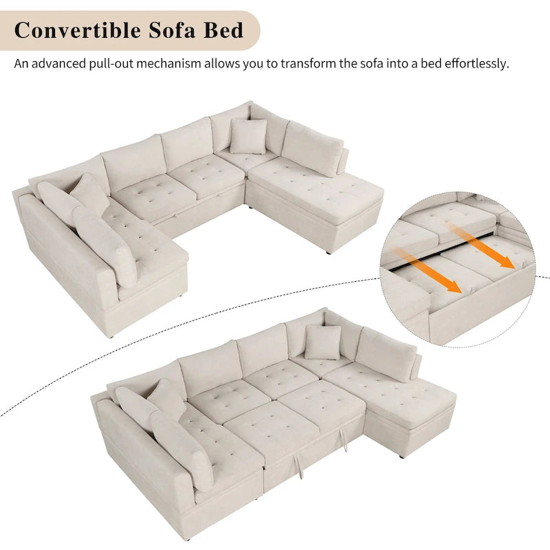 117.3 Oversized U-Shaped Sectional Sofa with Pull-out Bed and Throw Pillows