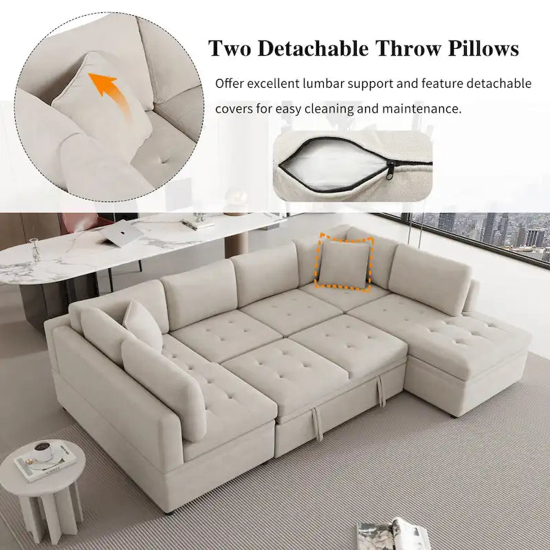 117.3 Oversized U-Shaped Sectional Sofa with Pull-out Bed and Throw Pillows