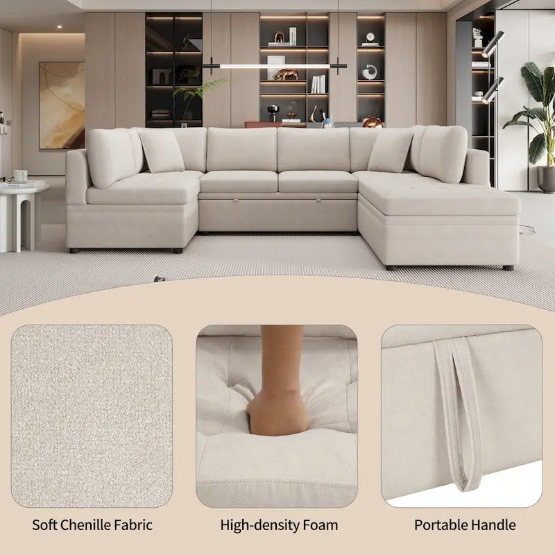 117.3 Oversized U-Shaped Sectional Sofa with Pull-out Bed and Throw Pillows