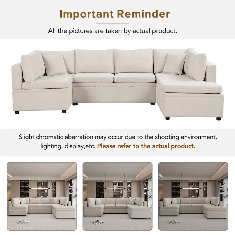 117.3 Oversized U-Shaped Sectional Sofa with Pull-out Bed and Throw Pillows