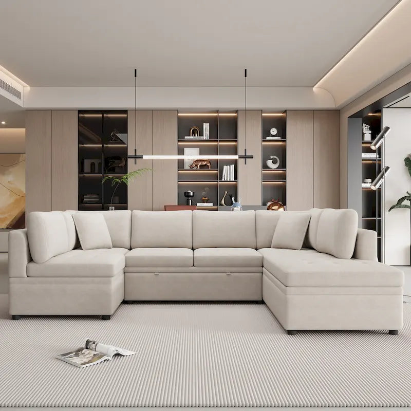 117.3 Oversized U-Shaped Sectional Sofa with Pull-out Bed and Throw Pillows