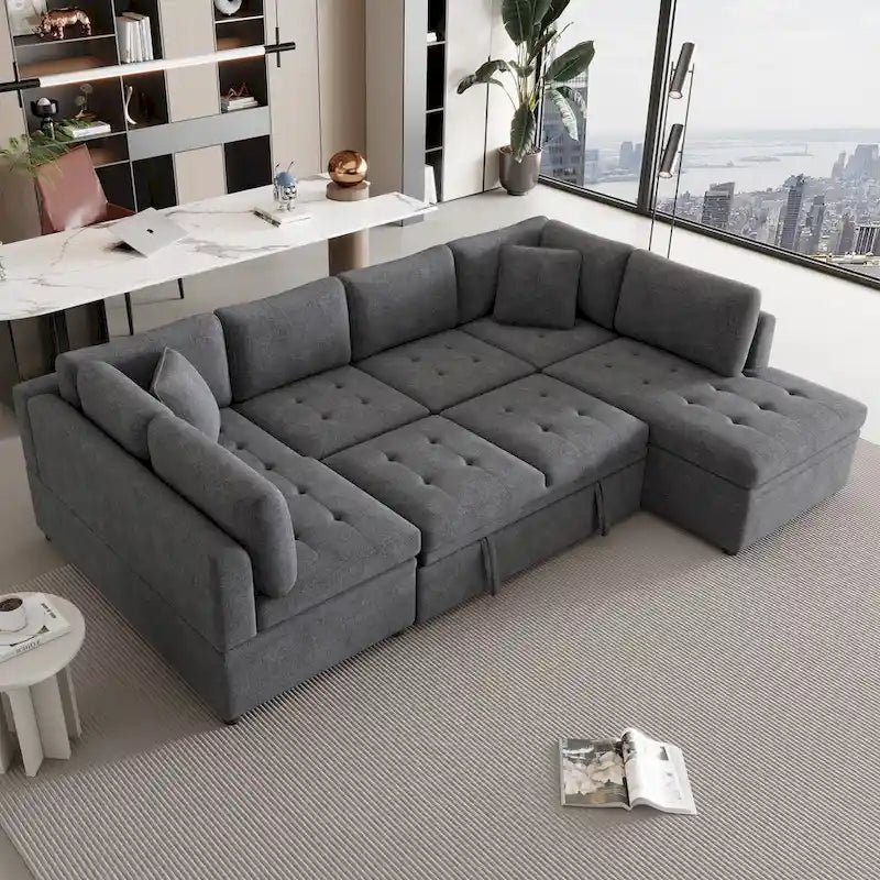 117.3 Oversized U-Shaped Sectional Sofa with Pull-out Bed and Throw Pillows