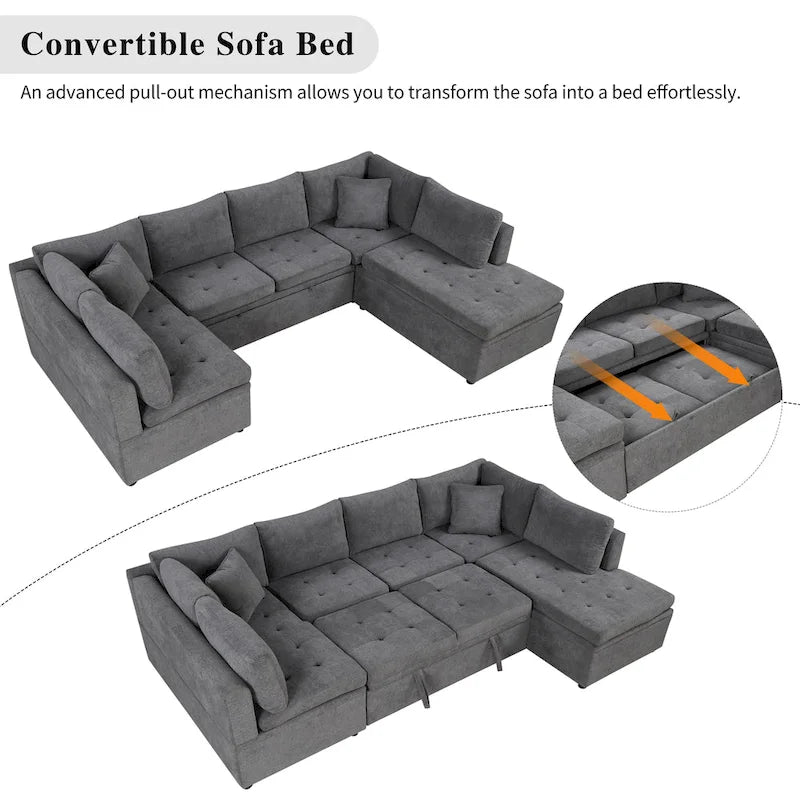 117.3 Oversized U-Shaped Sectional Sofa with Pull-out Bed and Throw Pillows