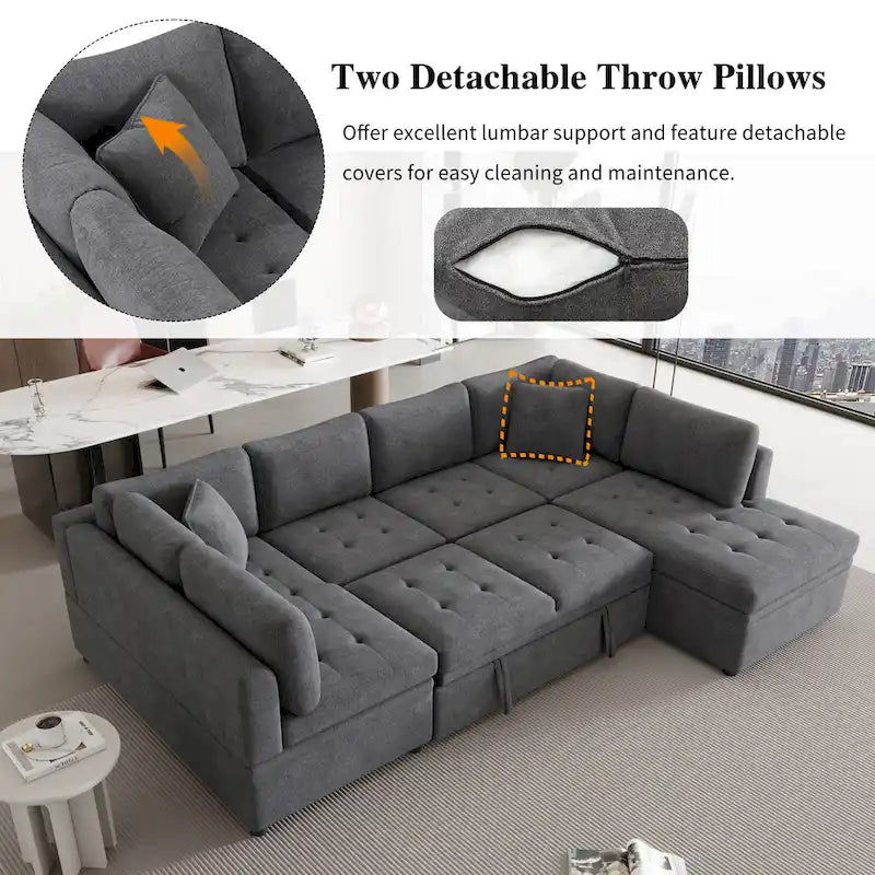 117.3 Oversized U-Shaped Sectional Sofa with Pull-out Bed and Throw Pillows