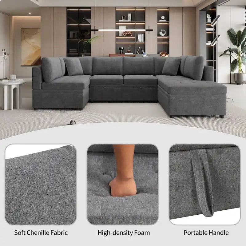 117.3 Oversized U-Shaped Sectional Sofa with Pull-out Bed and Throw Pillows