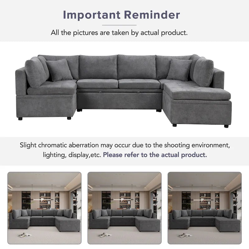 117.3 Oversized U-Shaped Sectional Sofa with Pull-out Bed and Throw Pillows