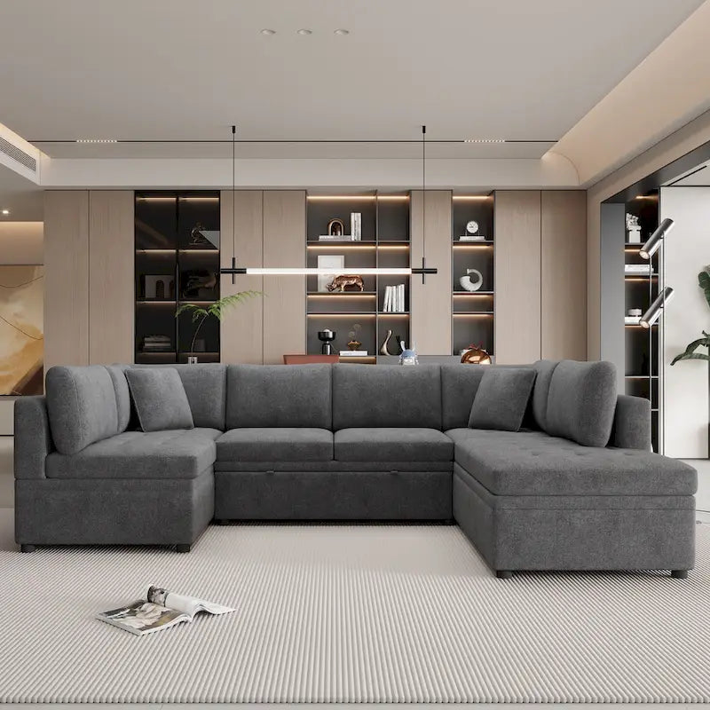 117.3 Oversized U-Shaped Sectional Sofa with Pull-out Bed and Throw Pillows