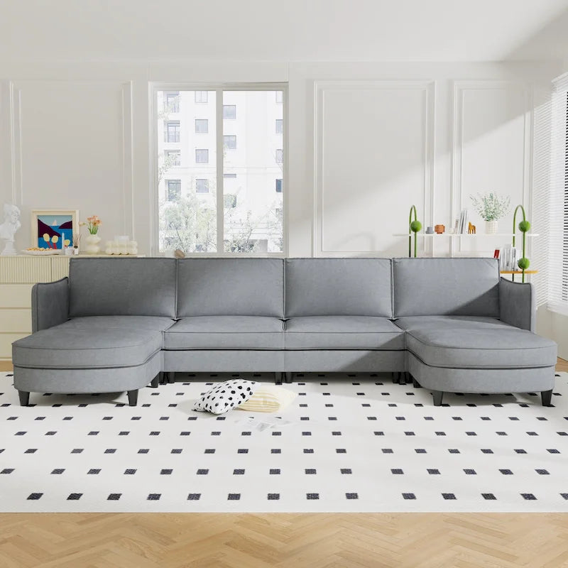 Grand 6-Seater U-Shaped Sofa with Movable Ottoman and Storage Pockets