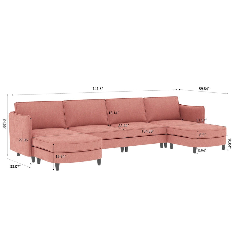 Grand 6-Seater U-Shaped Sofa with Movable Ottoman and Storage Pockets