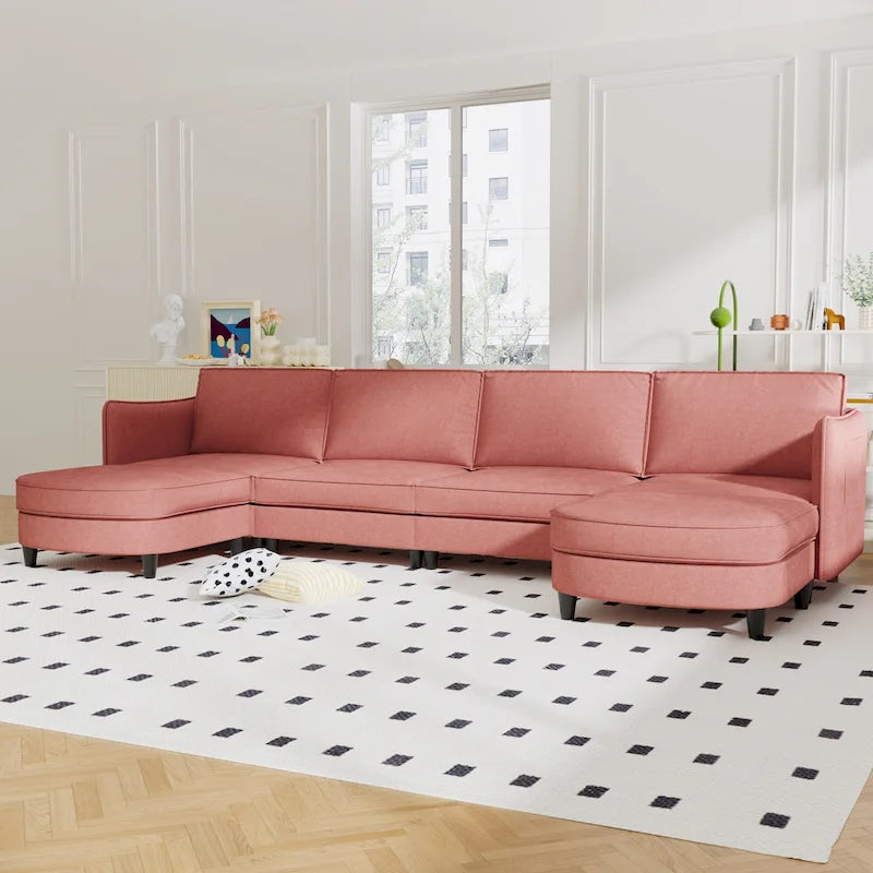 Grand 6-Seater U-Shaped Sofa with Movable Ottoman and Storage Pockets