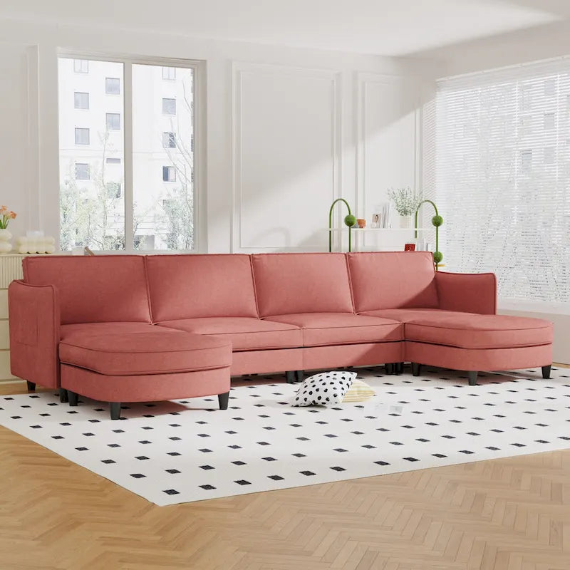 Grand 6-Seater U-Shaped Sofa with Movable Ottoman and Storage Pockets