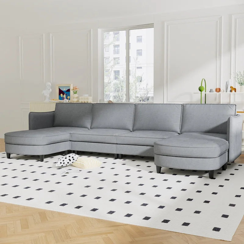 Grand 6-Seater U-Shaped Sofa with Movable Ottoman and Storage Pockets