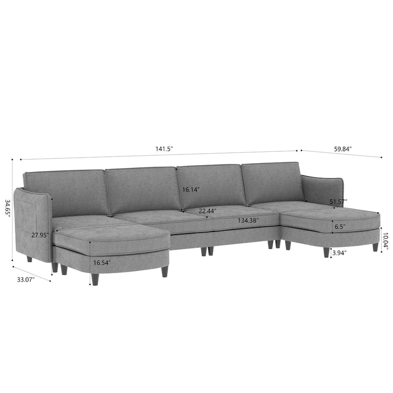 Grand 6-Seater U-Shaped Sofa with Movable Ottoman and Storage Pockets