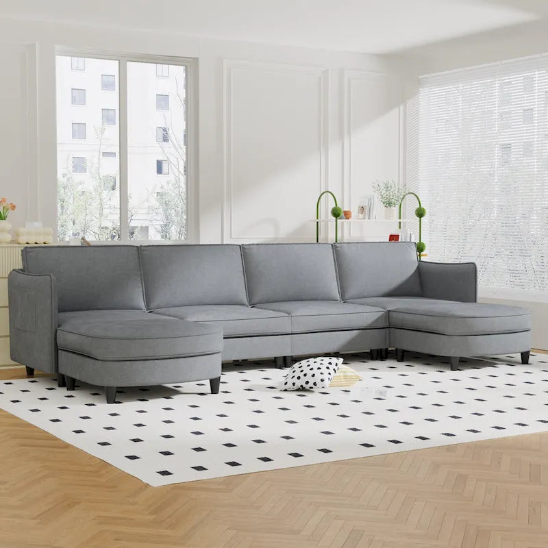 Grand 6-Seater U-Shaped Sofa with Movable Ottoman and Storage Pockets