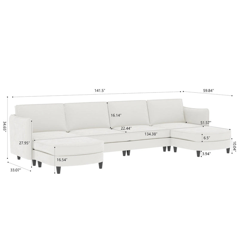 Grand 6-Seater U-Shaped Sofa with Movable Ottoman and Storage Pockets
