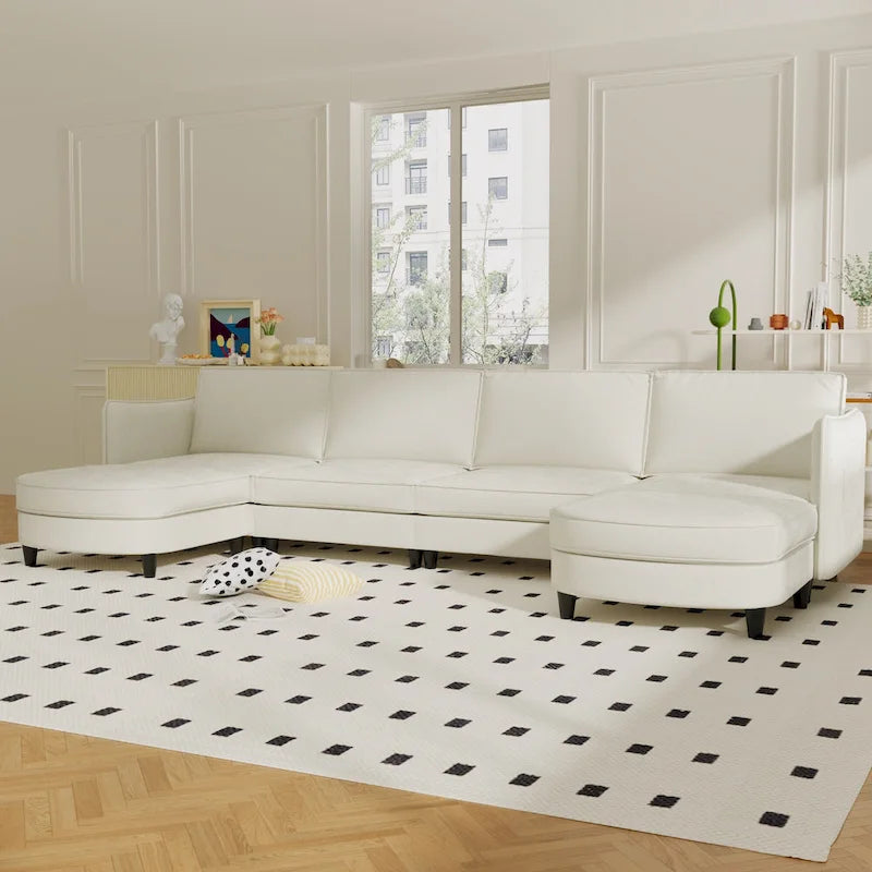 Grand 6-Seater U-Shaped Sofa with Movable Ottoman and Storage Pockets
