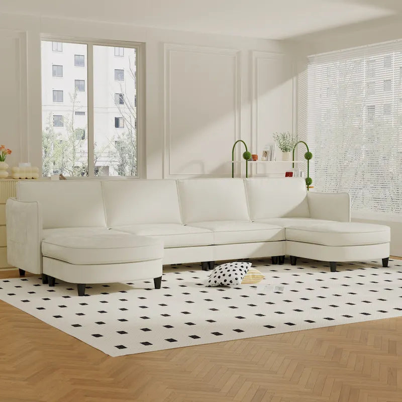 Grand 6-Seater U-Shaped Sofa with Movable Ottoman and Storage Pockets