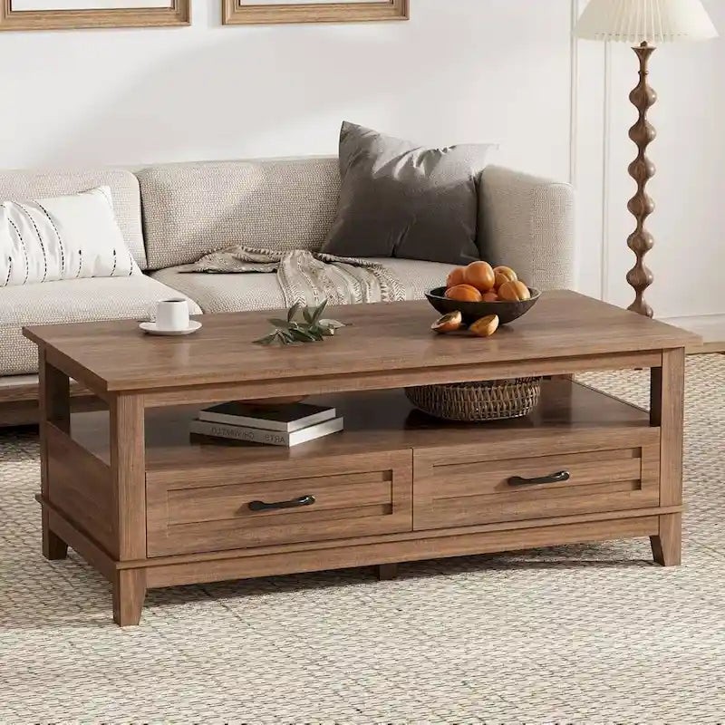 Farmhouse Coffee Table with 2 Drawers and Open Shelf - 47"W