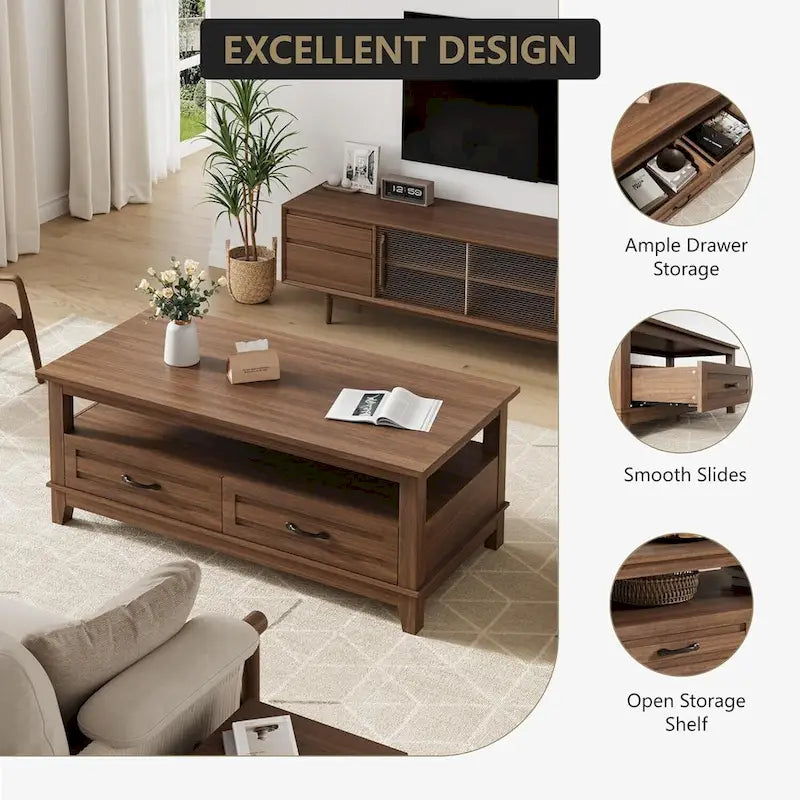 Farmhouse Coffee Table with 2 Drawers and Open Shelf - 47"W