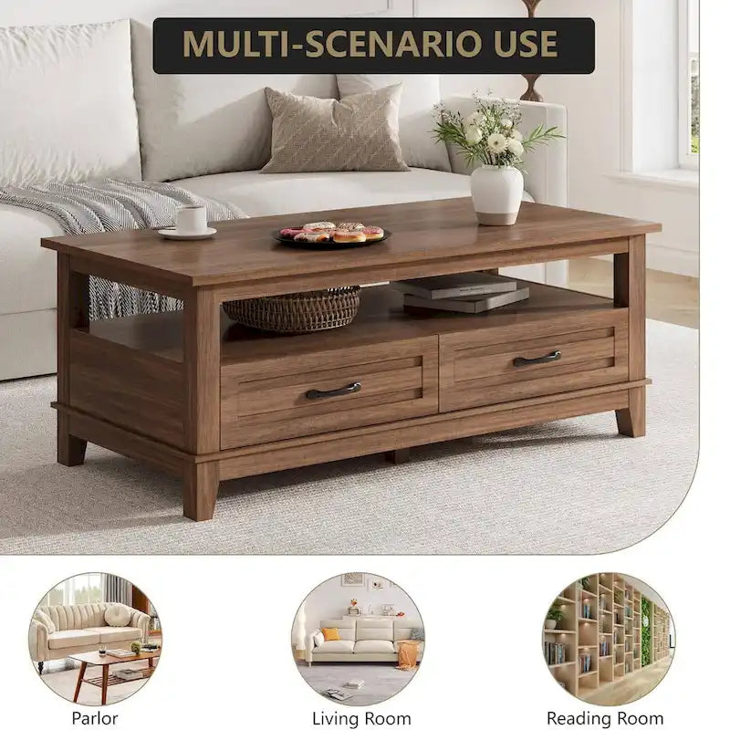Farmhouse Coffee Table with 2 Drawers and Open Shelf - 47"W