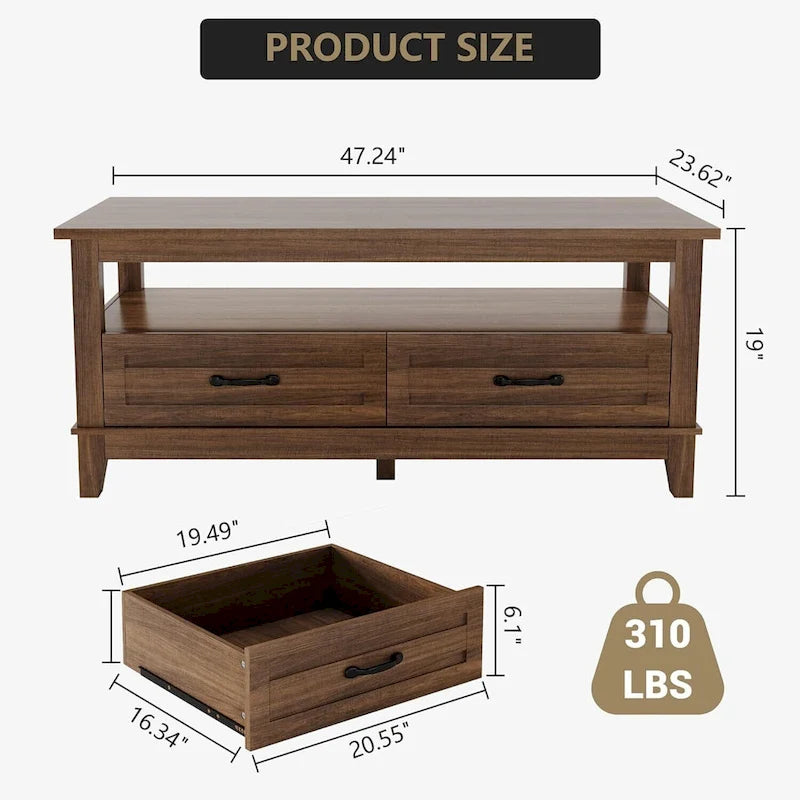 Farmhouse Coffee Table with 2 Drawers and Open Shelf - 47"W