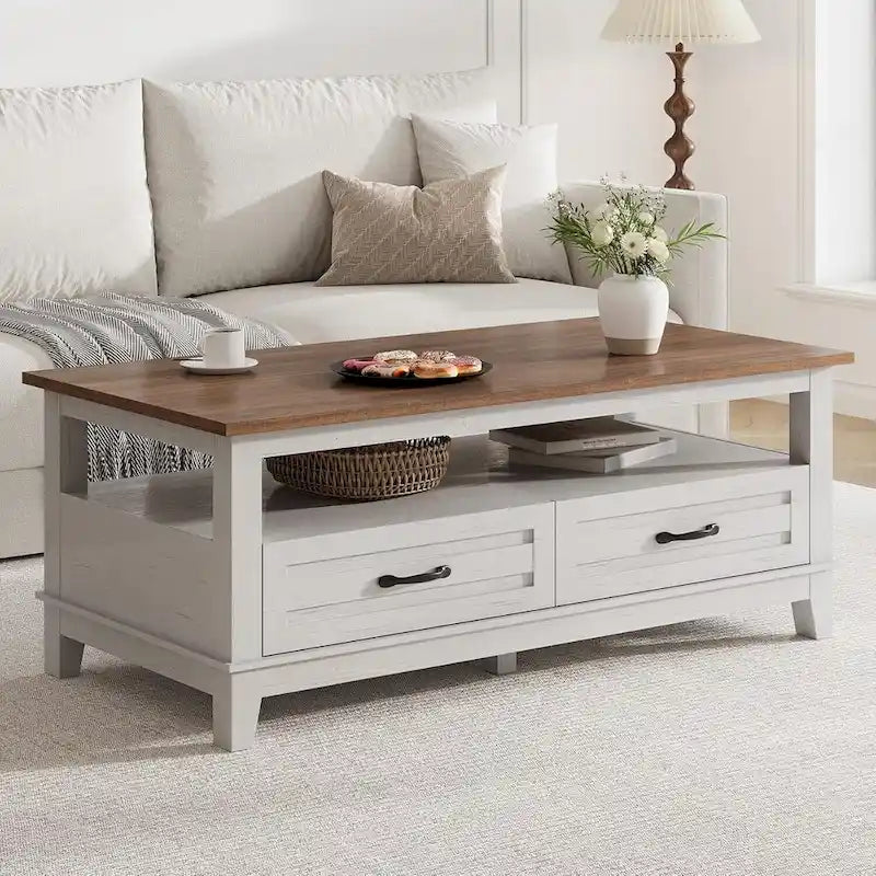 Farmhouse Coffee Table with 2 Drawers and Open Shelf - 47"W