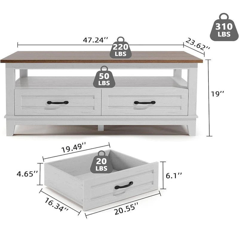 Farmhouse Coffee Table with 2 Drawers and Open Shelf - 47"W