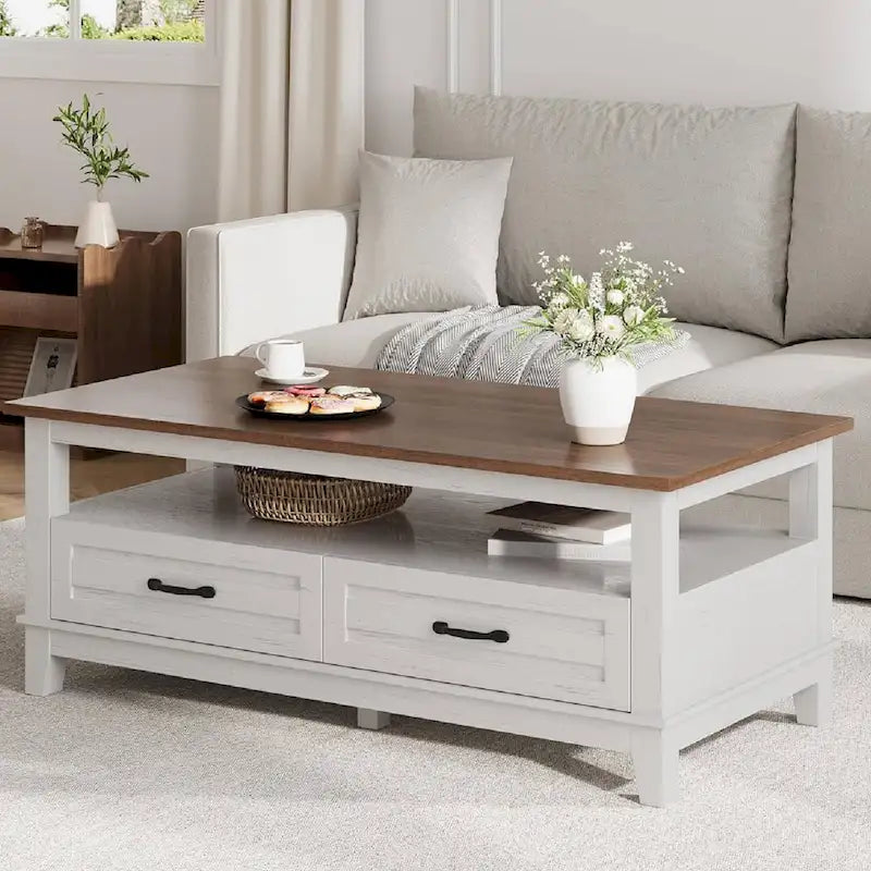 Farmhouse Coffee Table with 2 Drawers and Open Shelf - 47"W
