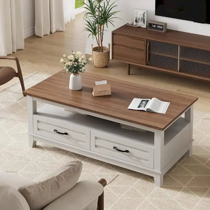 Farmhouse Coffee Table with 2 Drawers and Open Shelf - 47"W