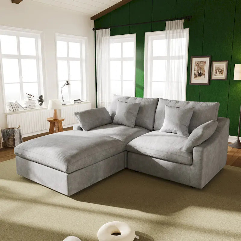 82.68 Down Filled Sectional Couch L-shape Linen Upholstered Loveseat with Ottoman
