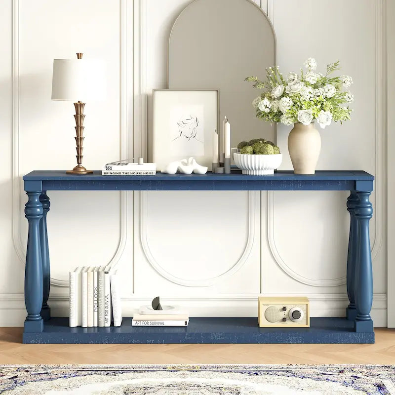 63 Long Entryway Console Table Sofa Table with Bottom Storage Shelf & Sculptural Vase-Leg for Hallway Living Room