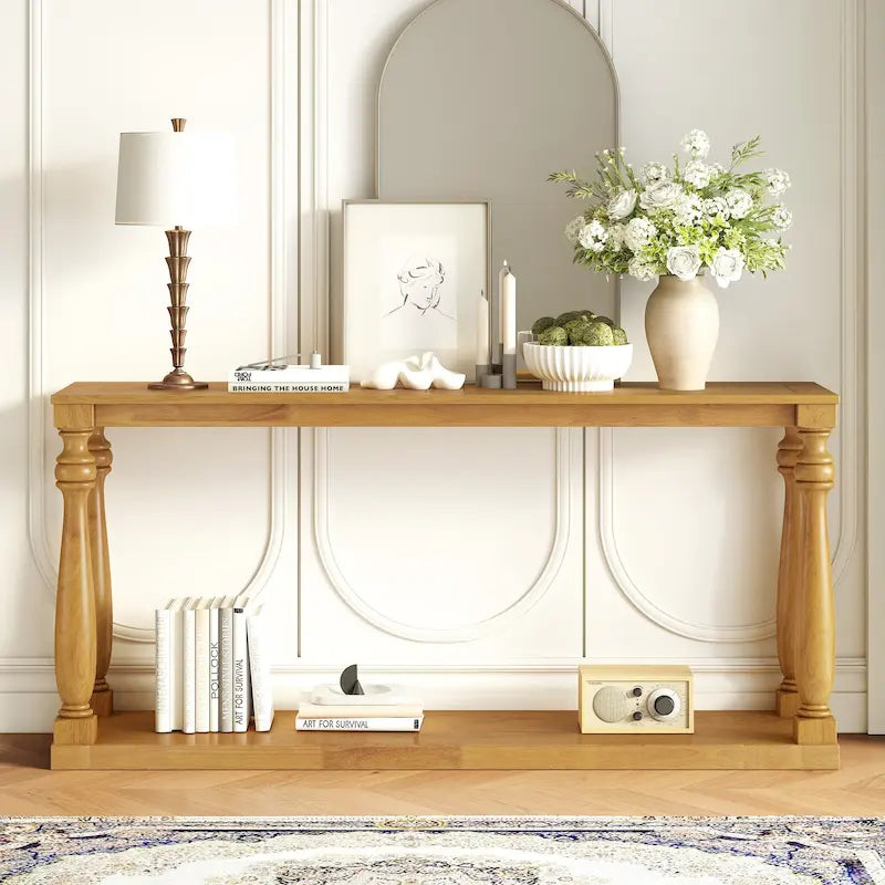 63 Long Entryway Console Table Sofa Table with Bottom Storage Shelf & Sculptural Vase-Leg for Hallway Living Room